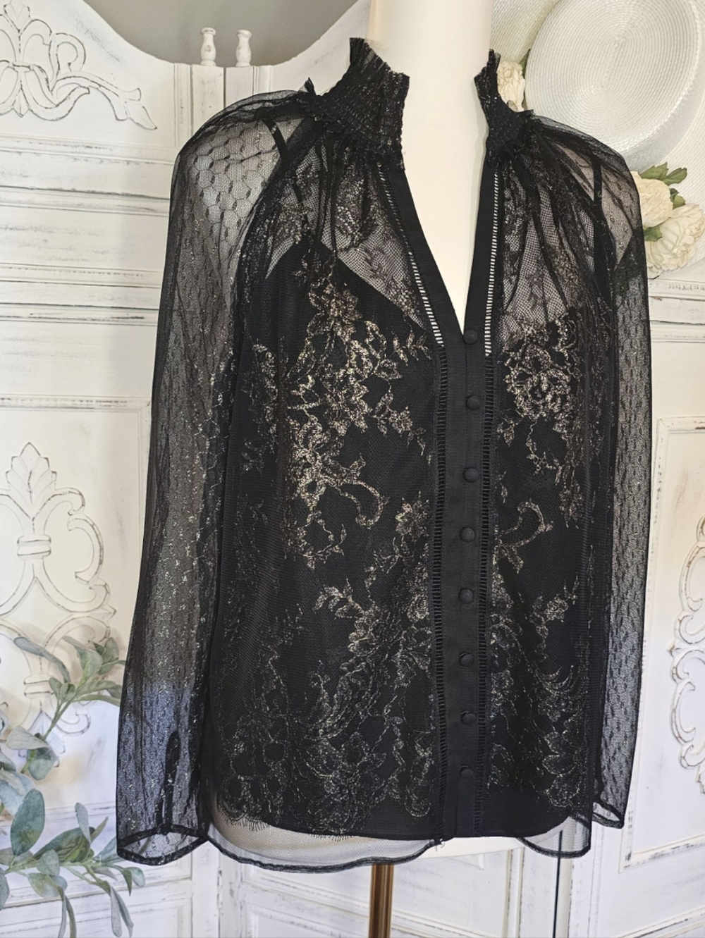 WHBM Black Golden Sheer Lace Ruffle Stand Collar V-Neck Long Sleeve Blouse Top